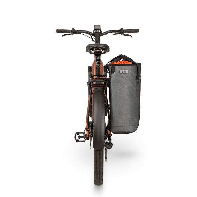 Two Wheel Gear Grey Solo Market Pannier attached to electric bicycle sideview