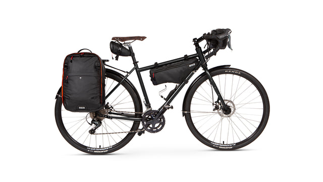 Two Wheel Gear Pannier Backpack LITE + Seat Pack Small + Mamquam Frame Bag S/M + Dayliner Mini Handlebar on a bike