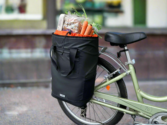 Two Wheel Gear Grey Solo Market Pannier  attached to bicycle with groceries in bag
