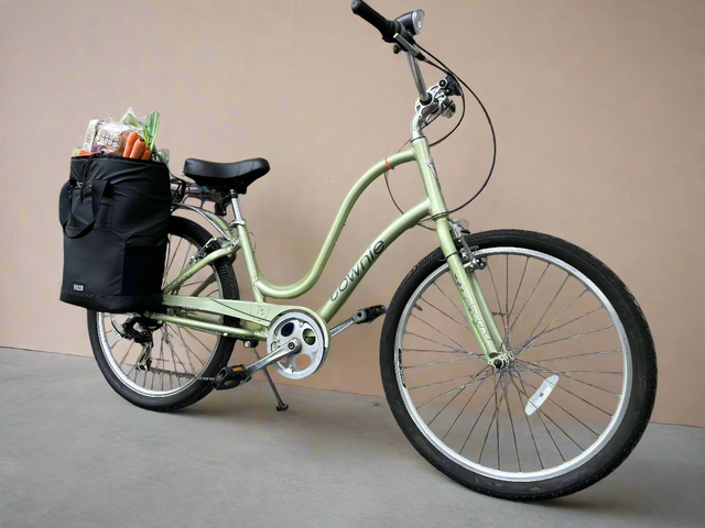 Two Wheel Gear Grey Solo Market Pannier  attached to bicycle with groceries in bag