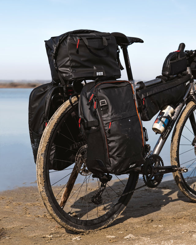 Two Wheel Gear Pannier Backpack Lite & PLUS on a bike with a Dayliner Box Bag, Mamquam Frame Bag and Top Tube Bag.