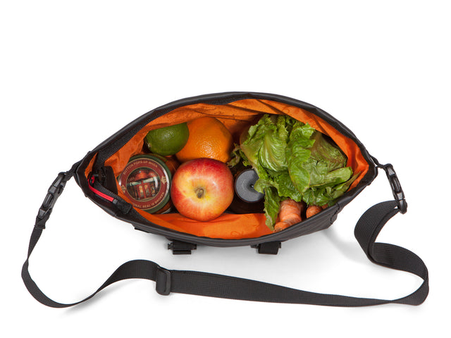 Two Wheel Gear - Dayliner Mini Handlebar Bag - Black Recycled Fabric - packed with groceries